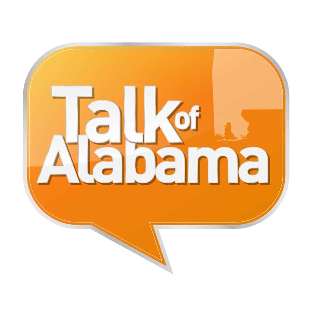 Talk of Alabama logo with speech bubble design, orange background, and white text.
