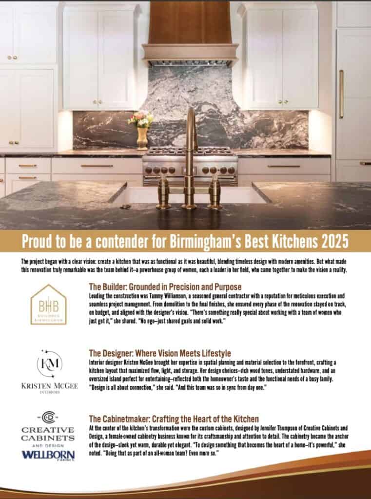 Kristen McGee Interiors modern kitchen with marble backsplash and cabinetry.